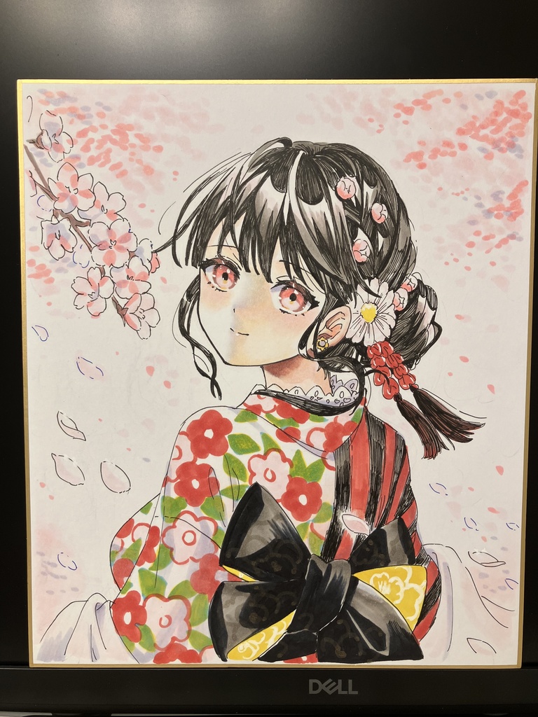 【直筆原画】着物女の子　中色紙／一点もの／手描きイラスト