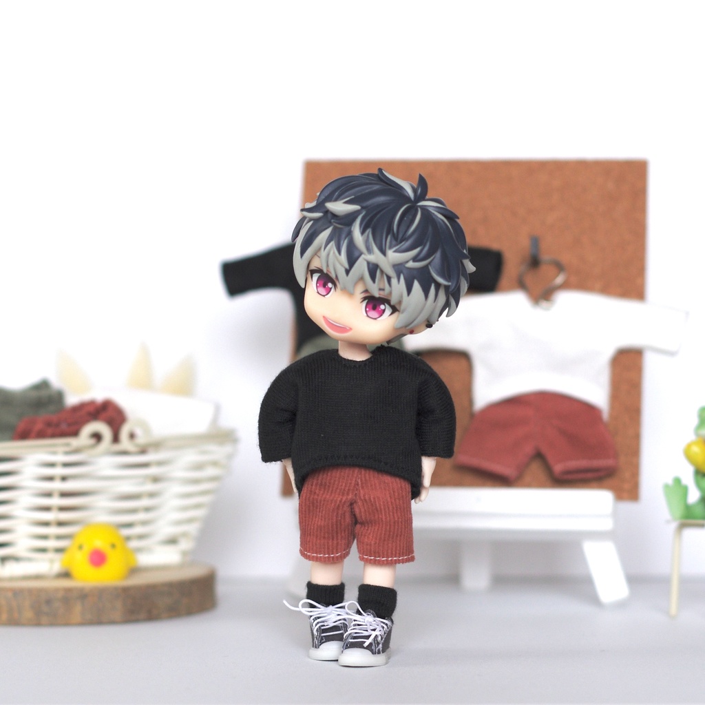 カーブ長袖Tシャツ&細コールショートパンツ/オビツ11・ねんどろどーる