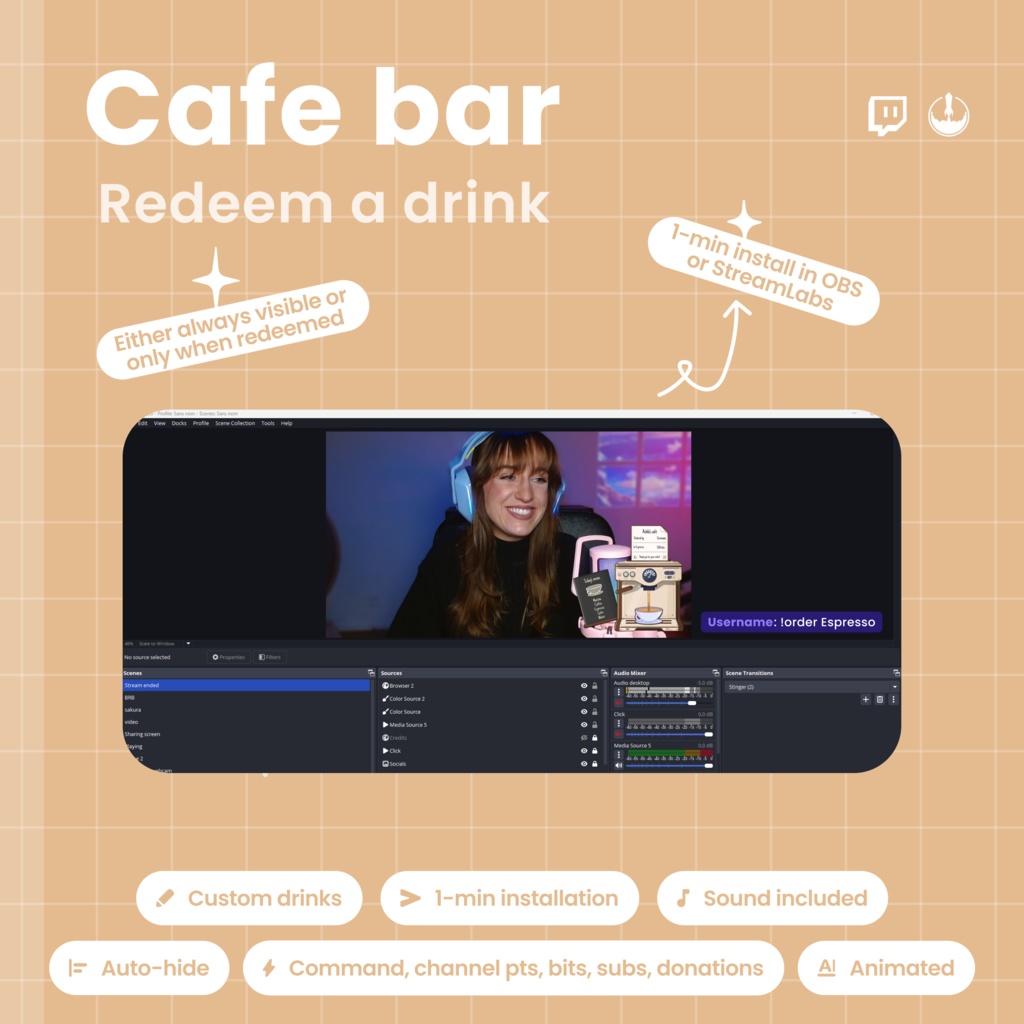 Interactive Coffee Machine Twitch Overlay - Customizable Animated Stream Widget - Barista VTuber (Digital Download)