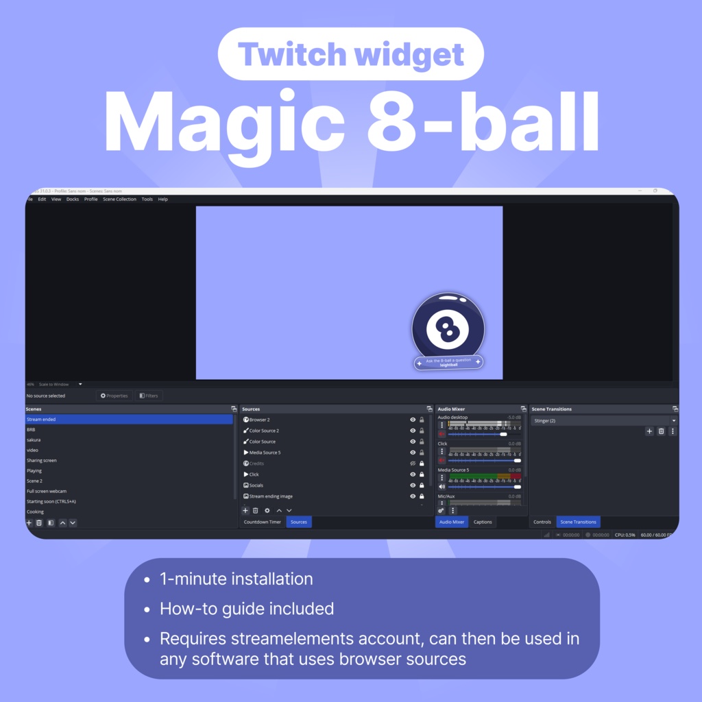 Interactive Magic 8 Ball Twitch Widget Game: Animated VTuber Streaming Overlay (Digital Download)