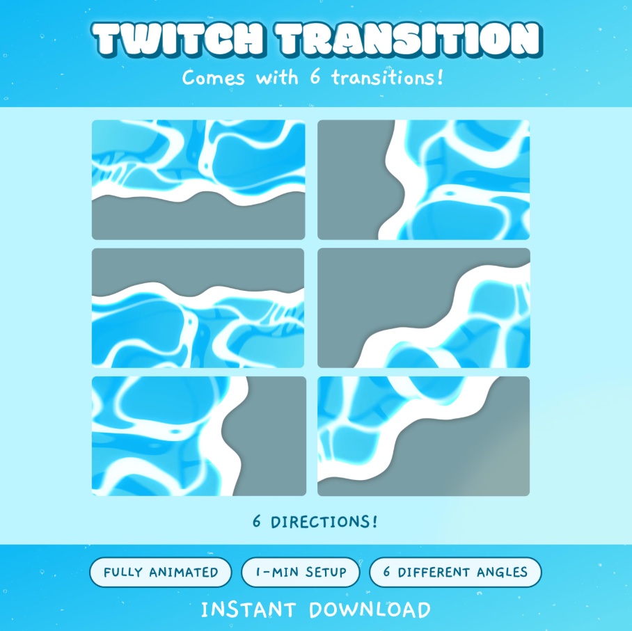 6 Animated Blue Wave Twitch Transition Pack: Streaming Assets ( Digital Download)