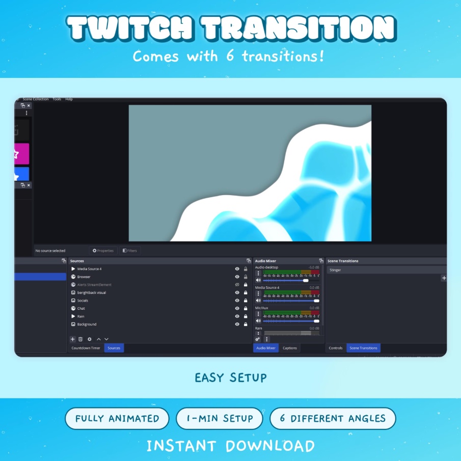 6 Animated Blue Wave Twitch Transition Pack: Streaming Assets ( Digital Download)