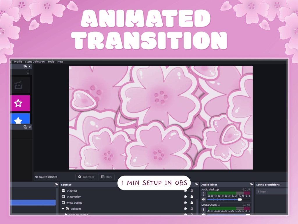 Pink Sakura Animated Stream Transition For Twitch, YouTube, Kick: Cozy Flower Overlay (Digital Download)