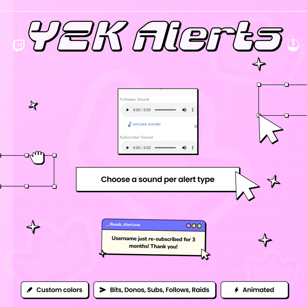 Y2K Twitch Alerts Retro Widget: Animated Followers, Bits, Subs, Donation Raid alerts cute Twitch Overlay