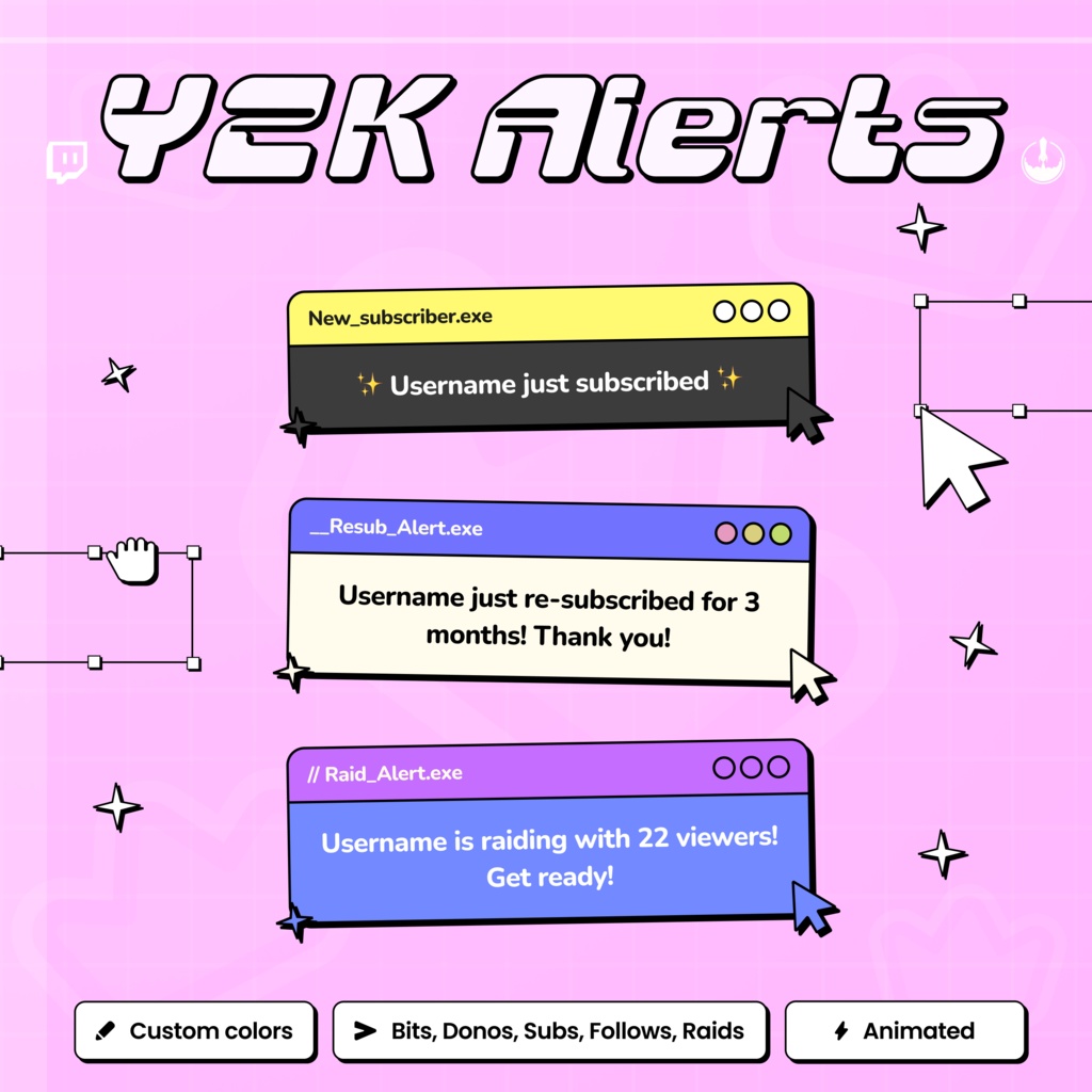Y2K Twitch Alerts Retro Widget: Animated Followers, Bits, Subs, Donation Raid alerts cute Twitch Overlay