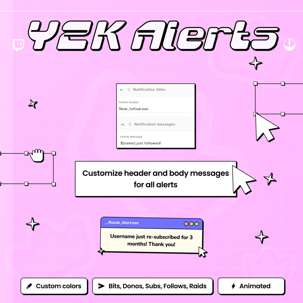 Y2K Twitch Alerts Retro Widget: Animated Followers, Bits, Subs, Donation Raid alerts cute Twitch Overlay
