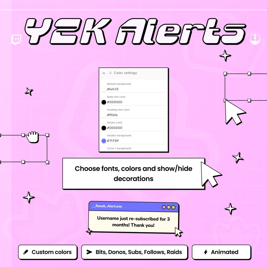 Y2K Twitch Alerts Retro Widget: Animated Followers, Bits, Subs, Donation Raid alerts cute Twitch Overlay