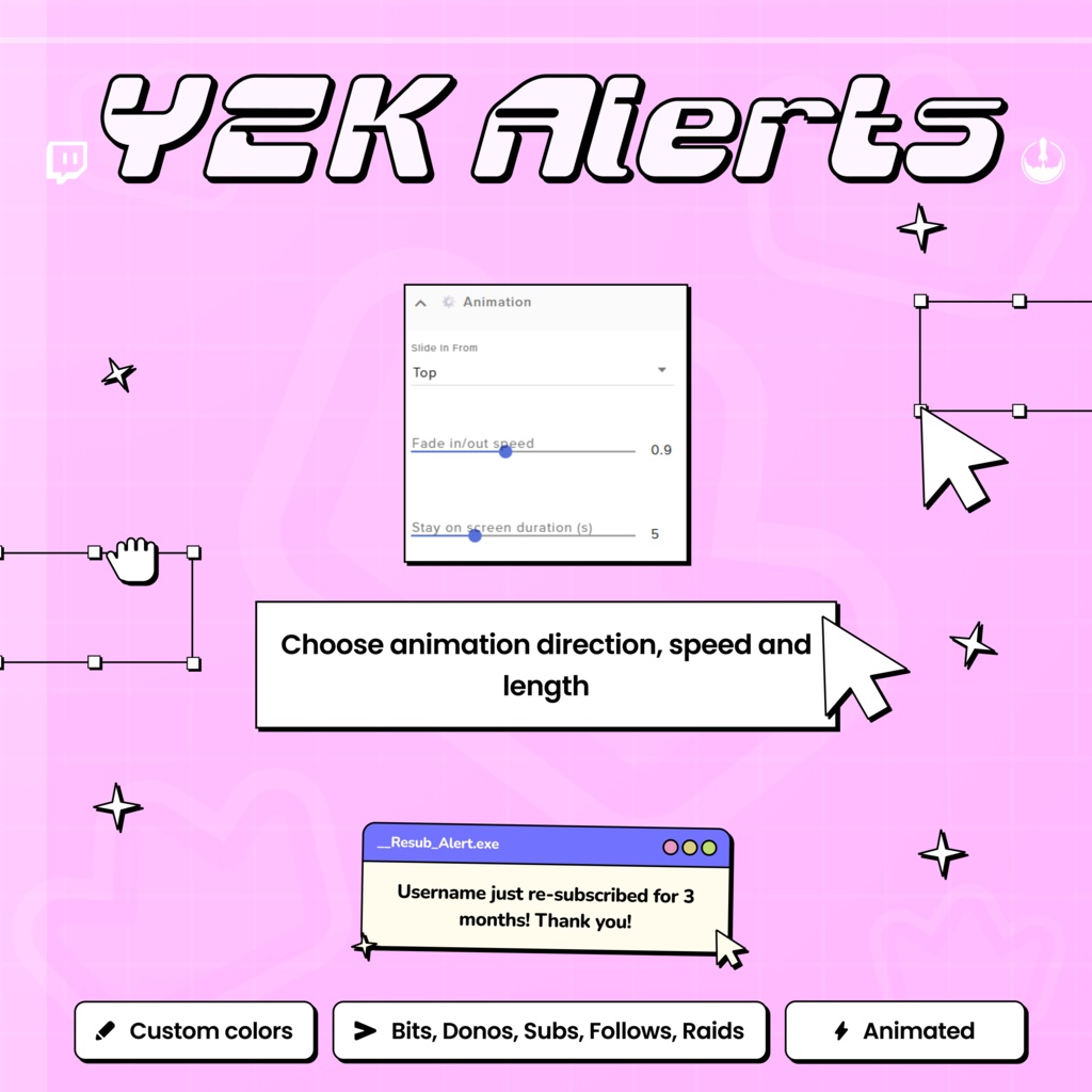 Y2K Twitch Alerts Retro Widget: Animated Followers, Bits, Subs, Donation Raid alerts cute Twitch Overlay