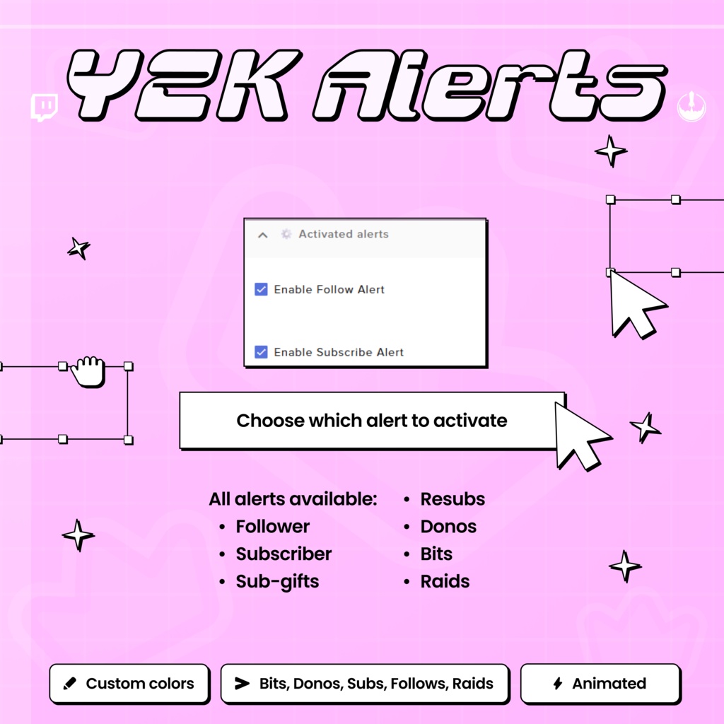 Y2K Twitch Alerts Retro Widget: Animated Followers, Bits, Subs, Donation Raid alerts cute Twitch Overlay