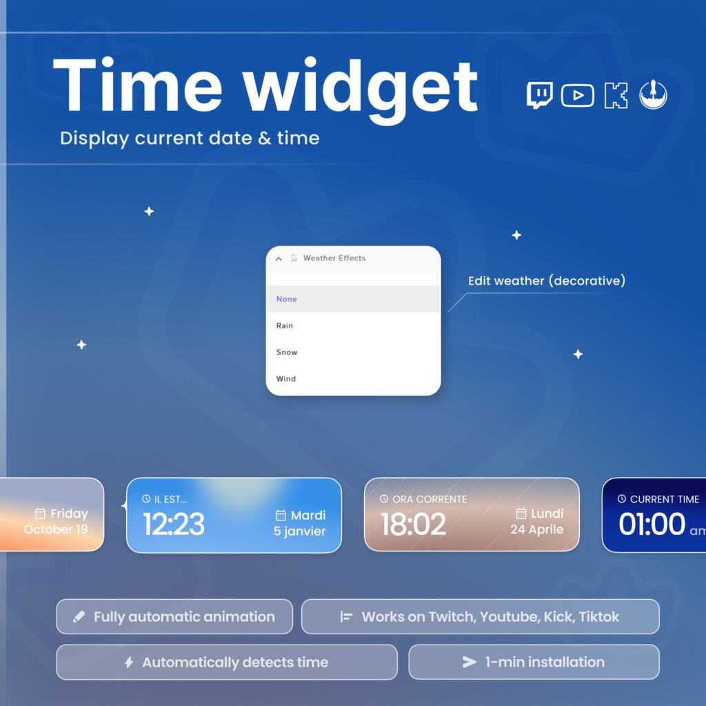 Dynamic Date & Time Widget – Sunrise, Day, Sunset, Night Themes, Rain, Snow, Wind Effects, for Twitch, Kick, Tiktok, Youtube