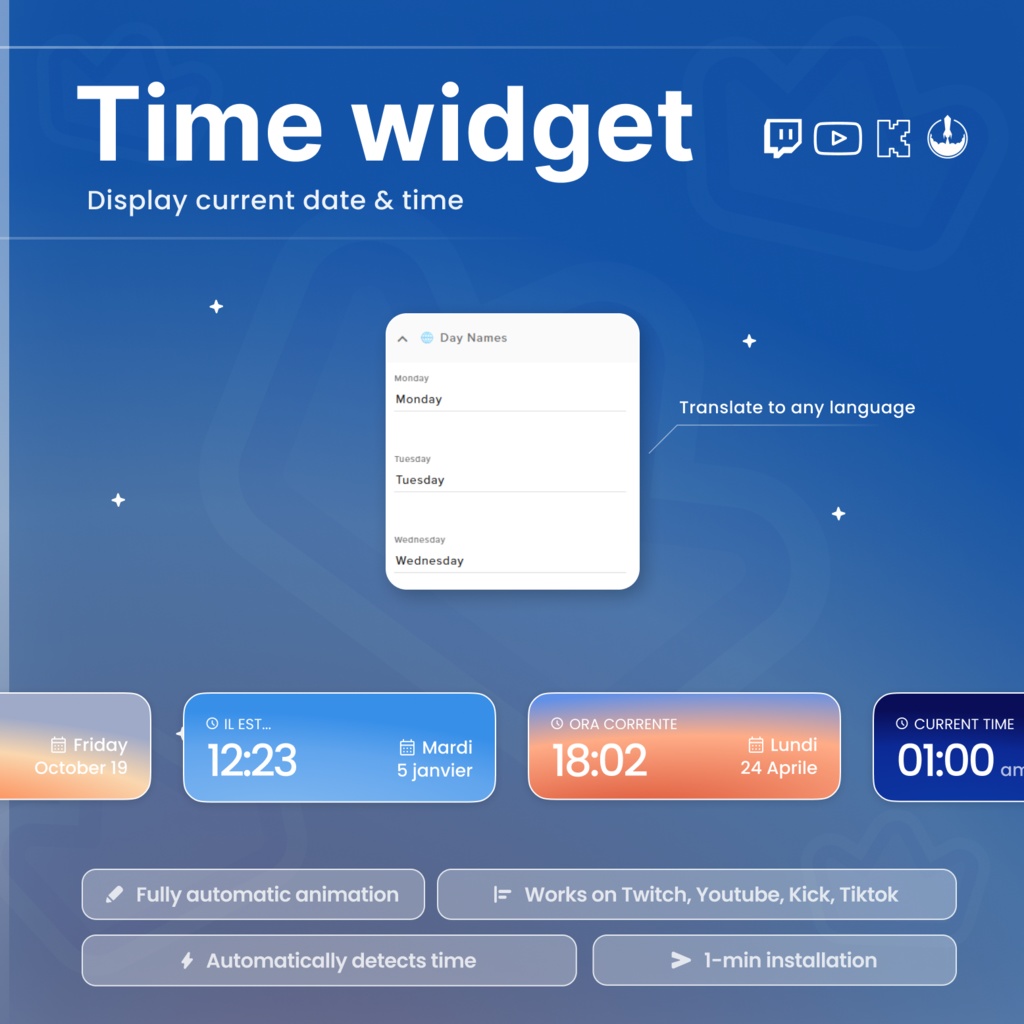 Dynamic Date & Time Widget – Sunrise, Day, Sunset, Night Themes, Rain, Snow, Wind Effects, for Twitch, Kick, Tiktok, Youtube