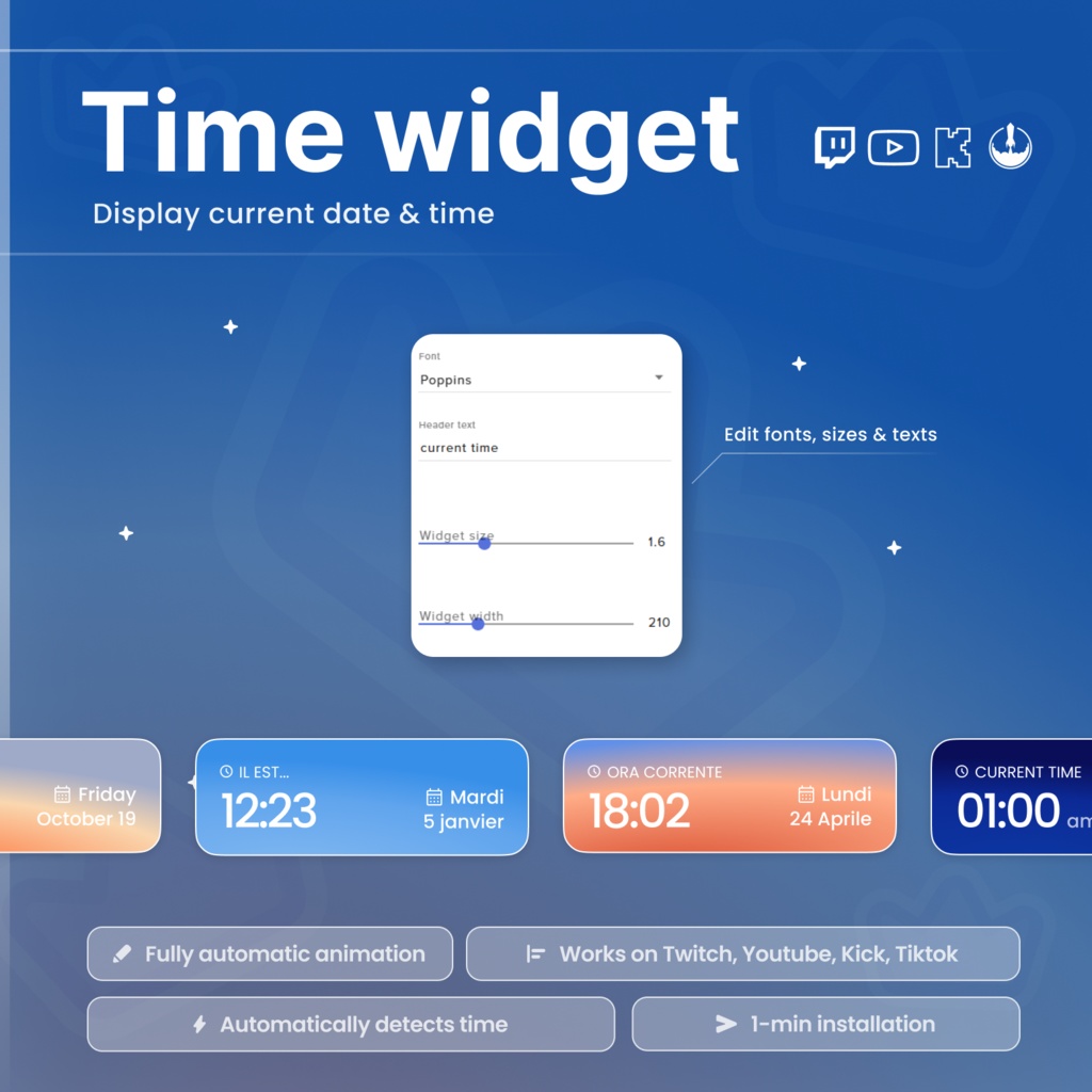 Dynamic Date & Time Widget – Sunrise, Day, Sunset, Night Themes, Rain, Snow, Wind Effects, for Twitch, Kick, Tiktok, Youtube