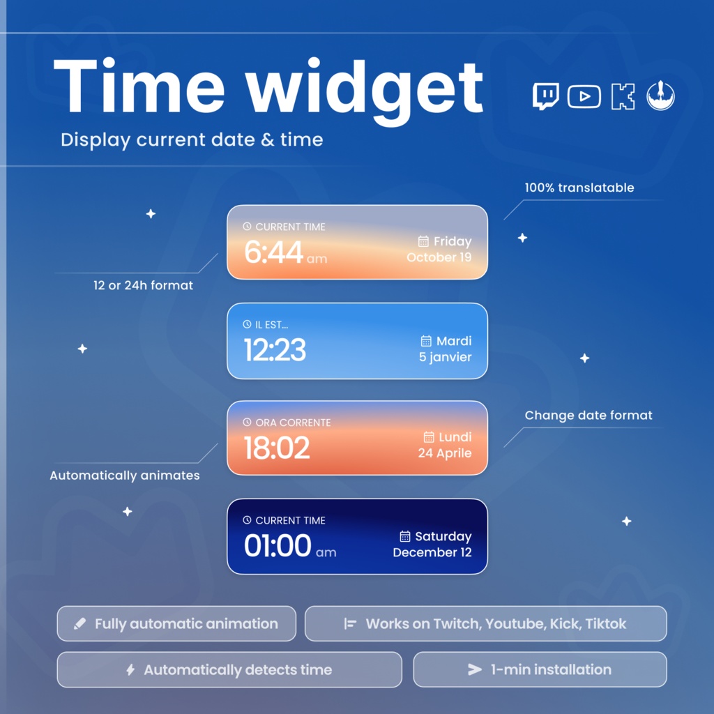 Dynamic Date & Time Widget – Sunrise, Day, Sunset, Night Themes, Rain, Snow, Wind Effects, for Twitch, Kick, Tiktok, Youtube