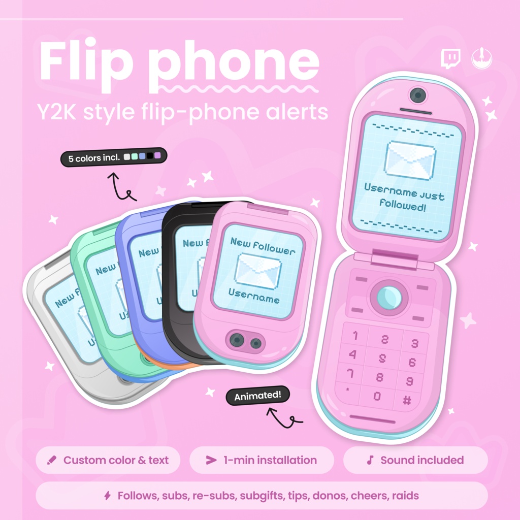 Customizable Retro Flip Phone Twitch Alerts Overlay | Follows, subs, re-subs, subgifts, tips, cheers, raids