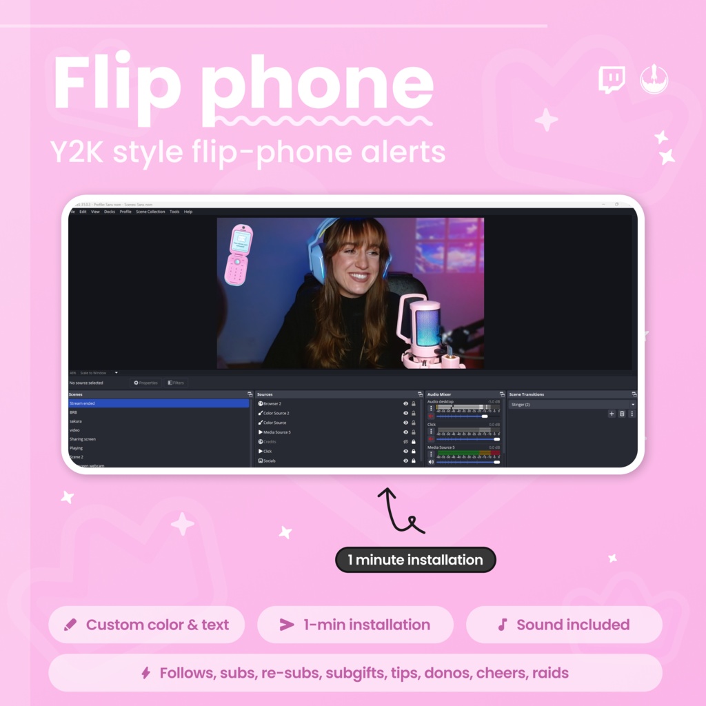 Customizable Retro Flip Phone Twitch Alerts Overlay | Follows, subs, re-subs, subgifts, tips, cheers, raids