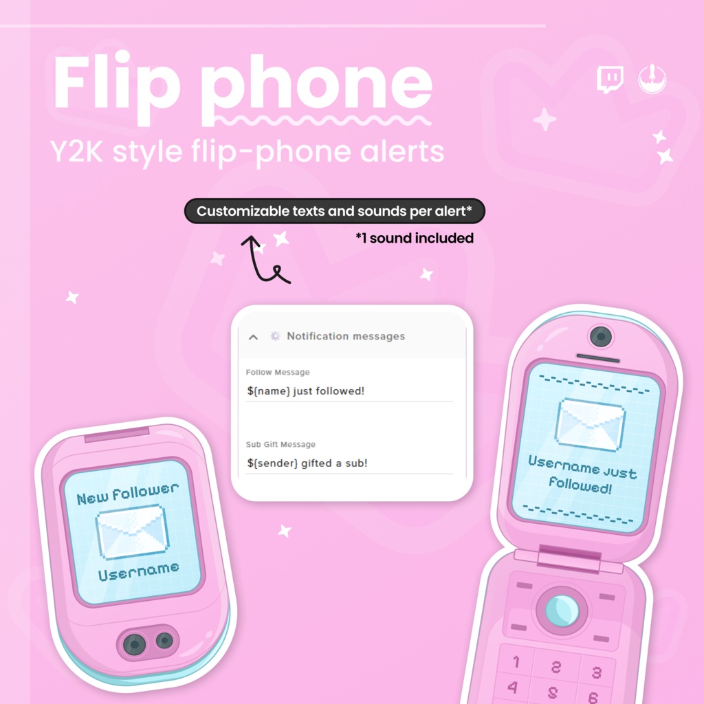 Customizable Retro Flip Phone Twitch Alerts Overlay | Follows, subs, re-subs, subgifts, tips, cheers, raids