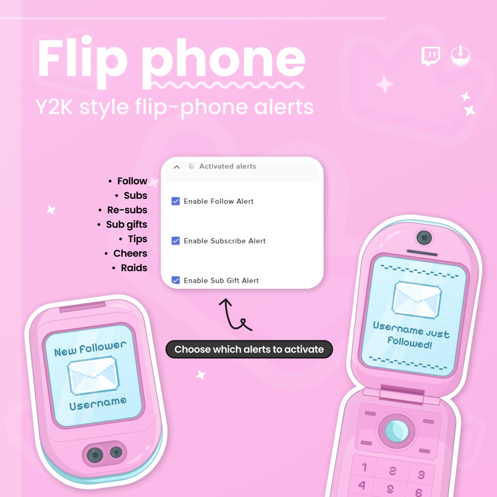 Customizable Retro Flip Phone Twitch Alerts Overlay | Follows, subs, re-subs, subgifts, tips, cheers, raids