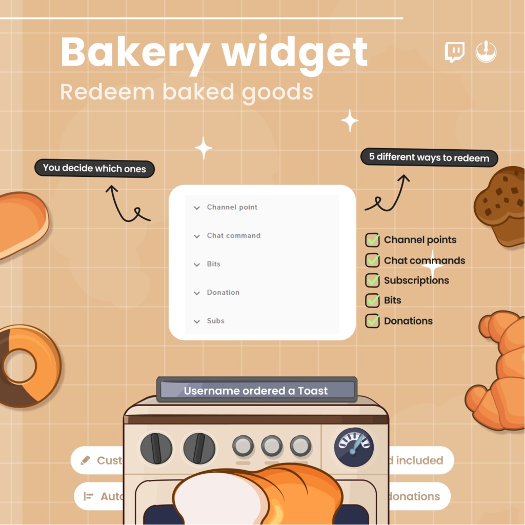 Interactive Bakery oven Twitch Overlay - Customizable Animated Bread Stream Widget - Cafe VTuber (Digital Download)