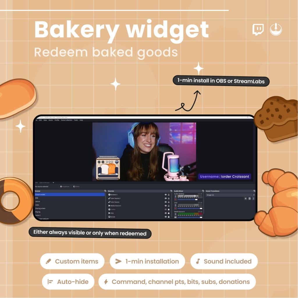 Interactive Bakery oven Twitch Overlay - Customizable Animated Bread Stream Widget - Cafe VTuber (Digital Download)