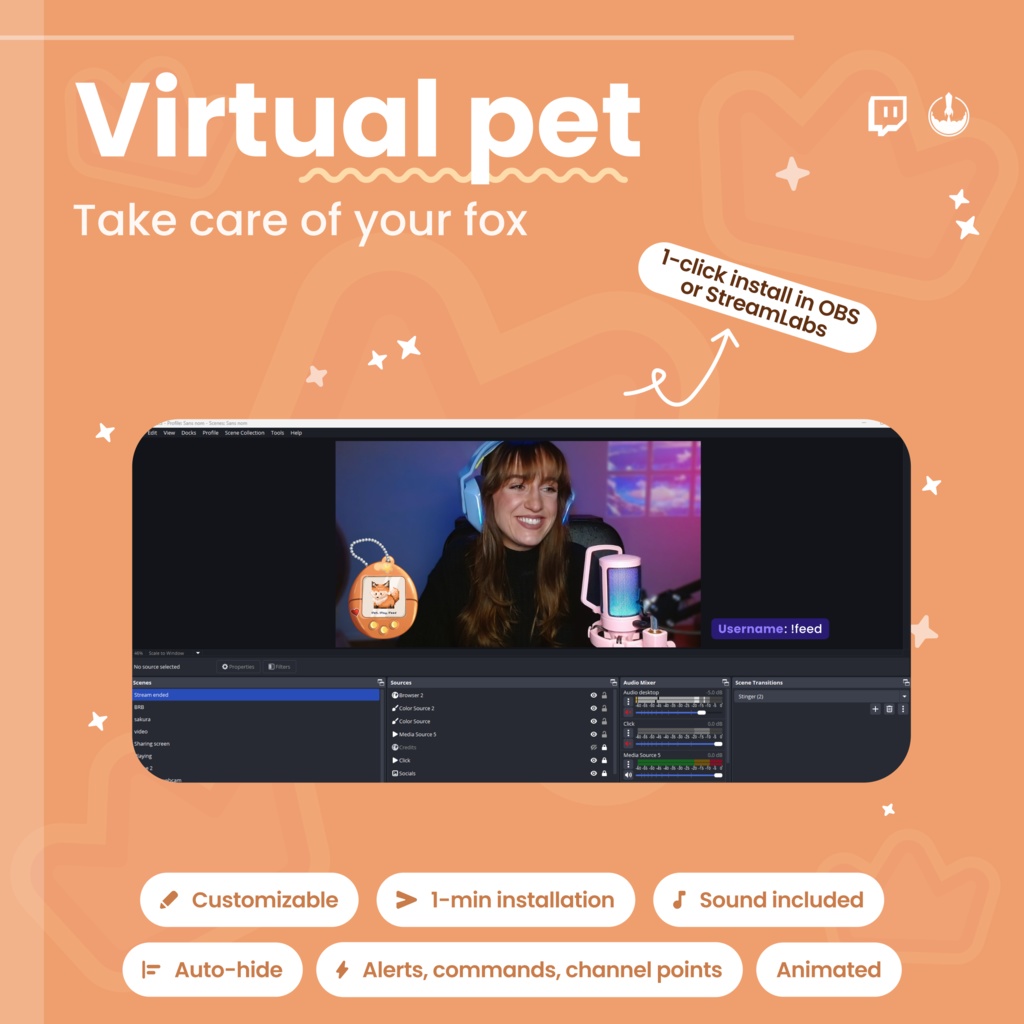 Animated Pixel Art Twitch Fox Pet Widget: Twitch Stream Overlay