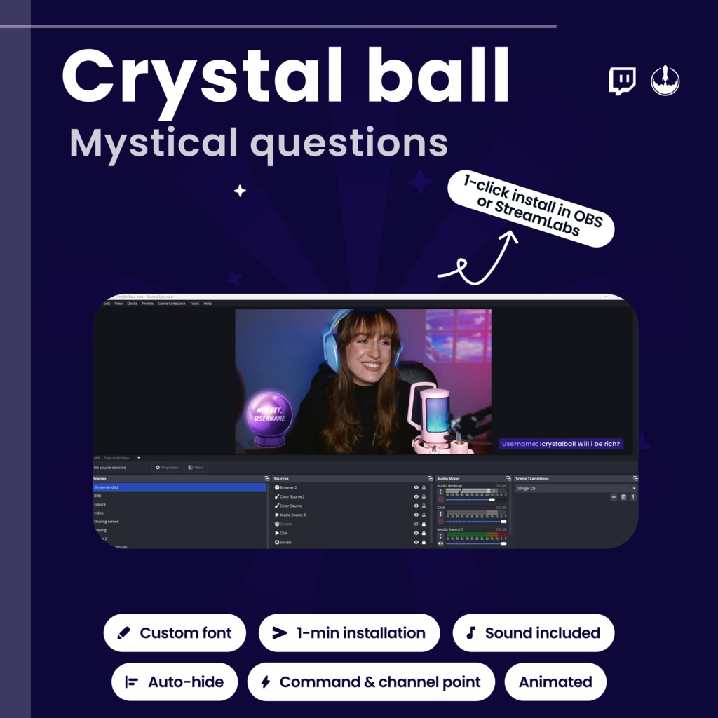 Interactive Twitch Crystal Ball Widget Magic: Fortune reader, Witch VTuber Animated Stream Overlay