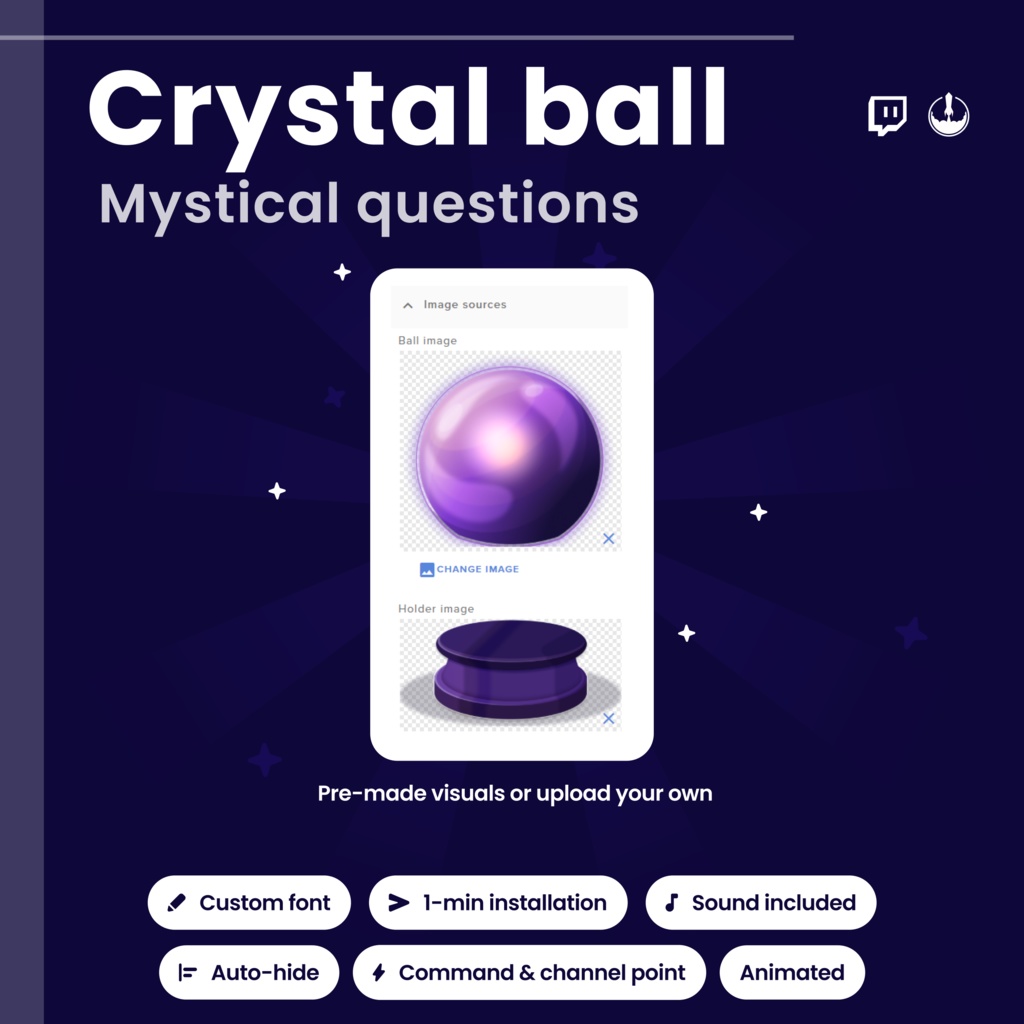 Interactive Twitch Crystal Ball Widget Magic: Fortune reader, Witch VTuber Animated Stream Overlay