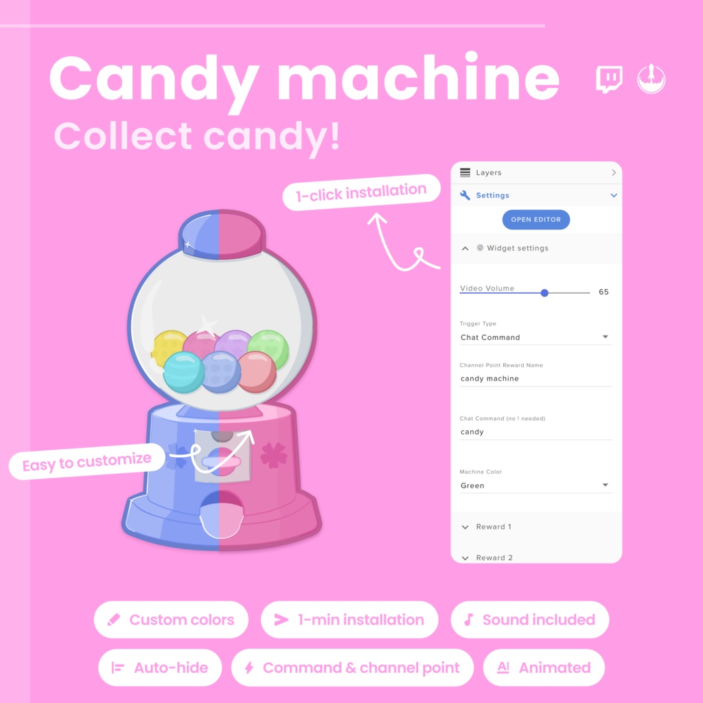 Animated Twitch Customizable Pink Candy Gacha Widget: Customizable Gacha Channel Reward
