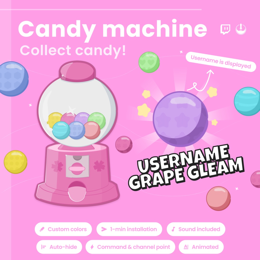 Animated Twitch Customizable Pink Candy Gacha Widget: Customizable Gacha Channel Reward
