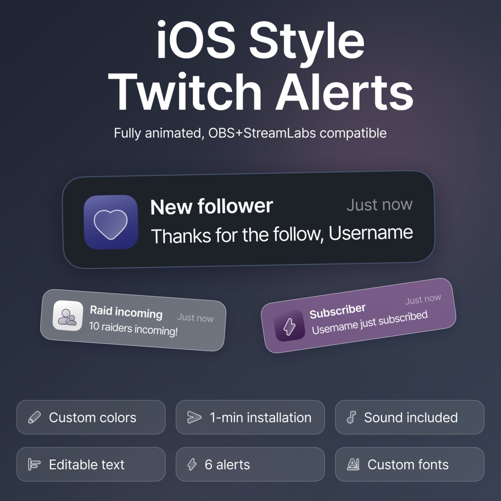 Customizable Animated Twitch iOS style Alerts: Minimalist Overlay (Digital Download)