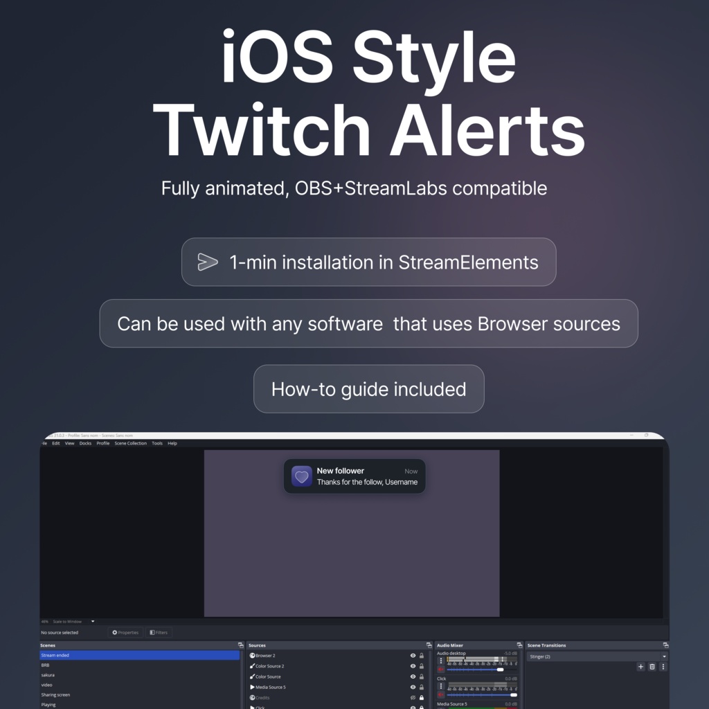 Customizable Animated Twitch iOS style Alerts: Minimalist Overlay (Digital Download)