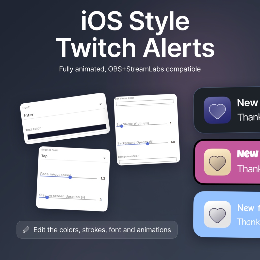 Customizable Animated Twitch iOS style Alerts: Minimalist Overlay (Digital Download)