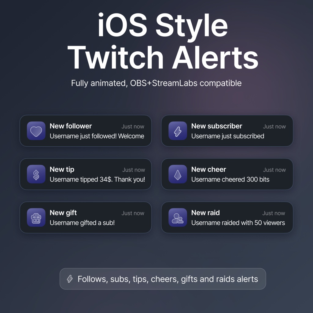 Customizable Animated Twitch iOS style Alerts: Minimalist Overlay (Digital Download)