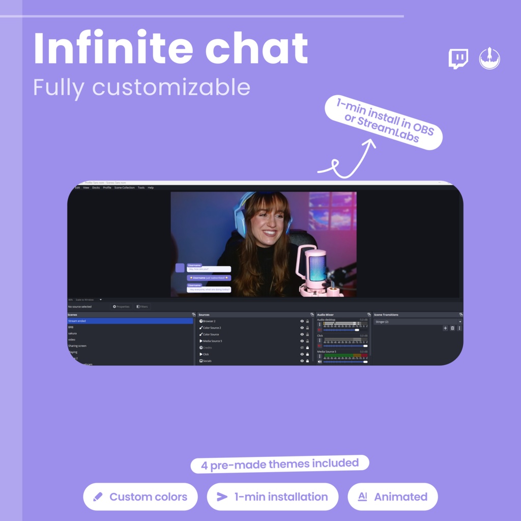 Customizable Animated Twitch Chat Overlay, 4 base themes and hundreds of customizations (Digital Download)