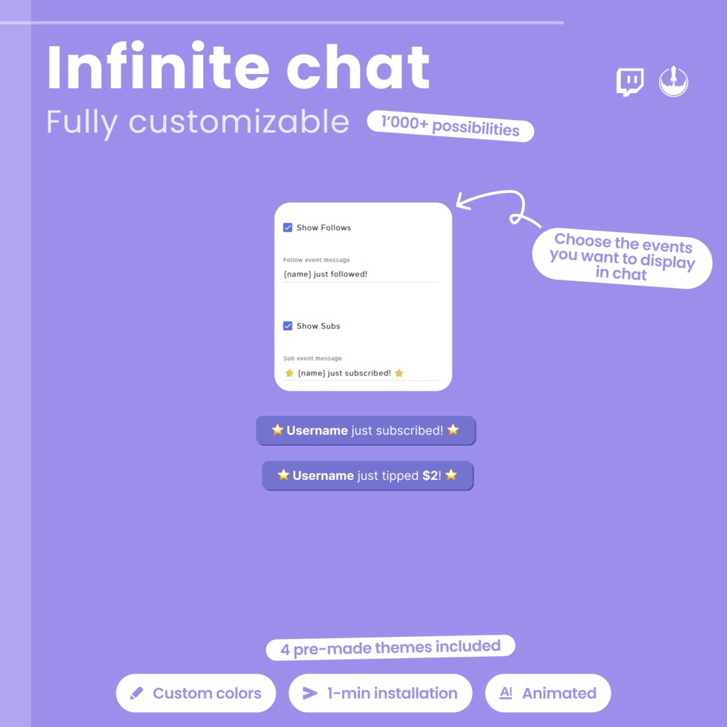 Customizable Animated Twitch Chat Overlay, 4 base themes and hundreds of customizations (Digital Download)