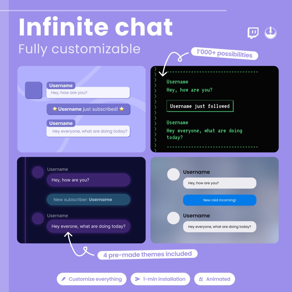 Customizable Animated Twitch Chat Overlay, 4 base themes and hundreds of customizations (Digital Download)