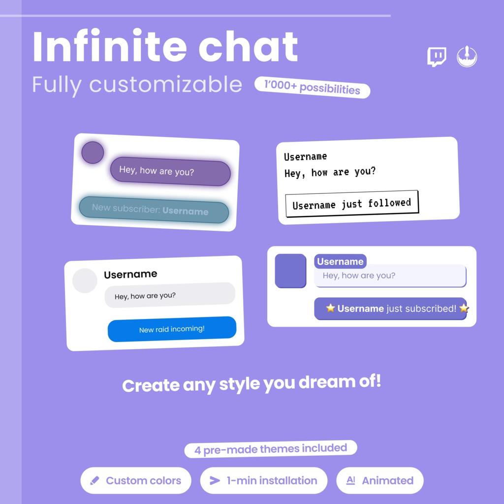 Customizable Animated Twitch Chat Overlay, 4 base themes and hundreds of customizations (Digital Download)