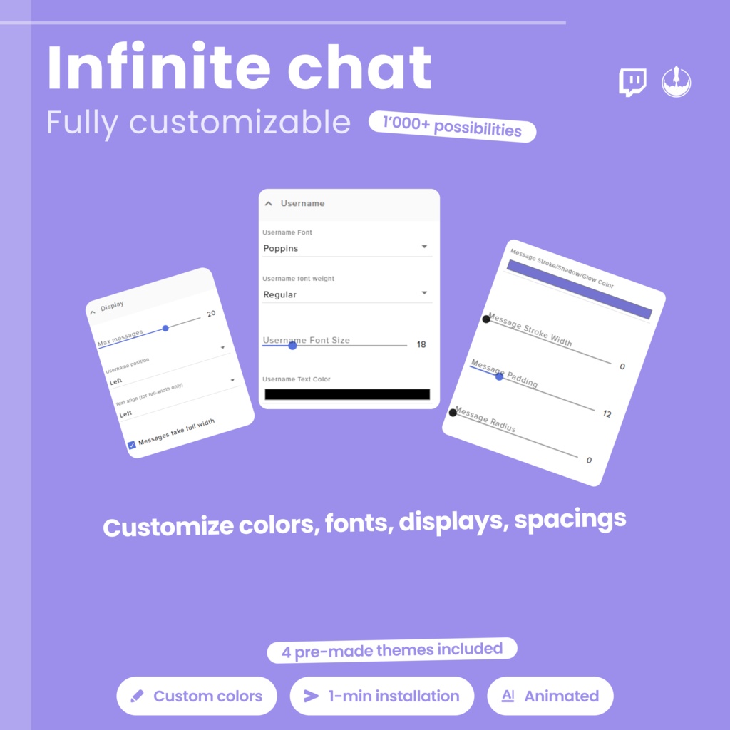 Customizable Animated Twitch Chat Overlay, 4 base themes and hundreds of customizations (Digital Download)