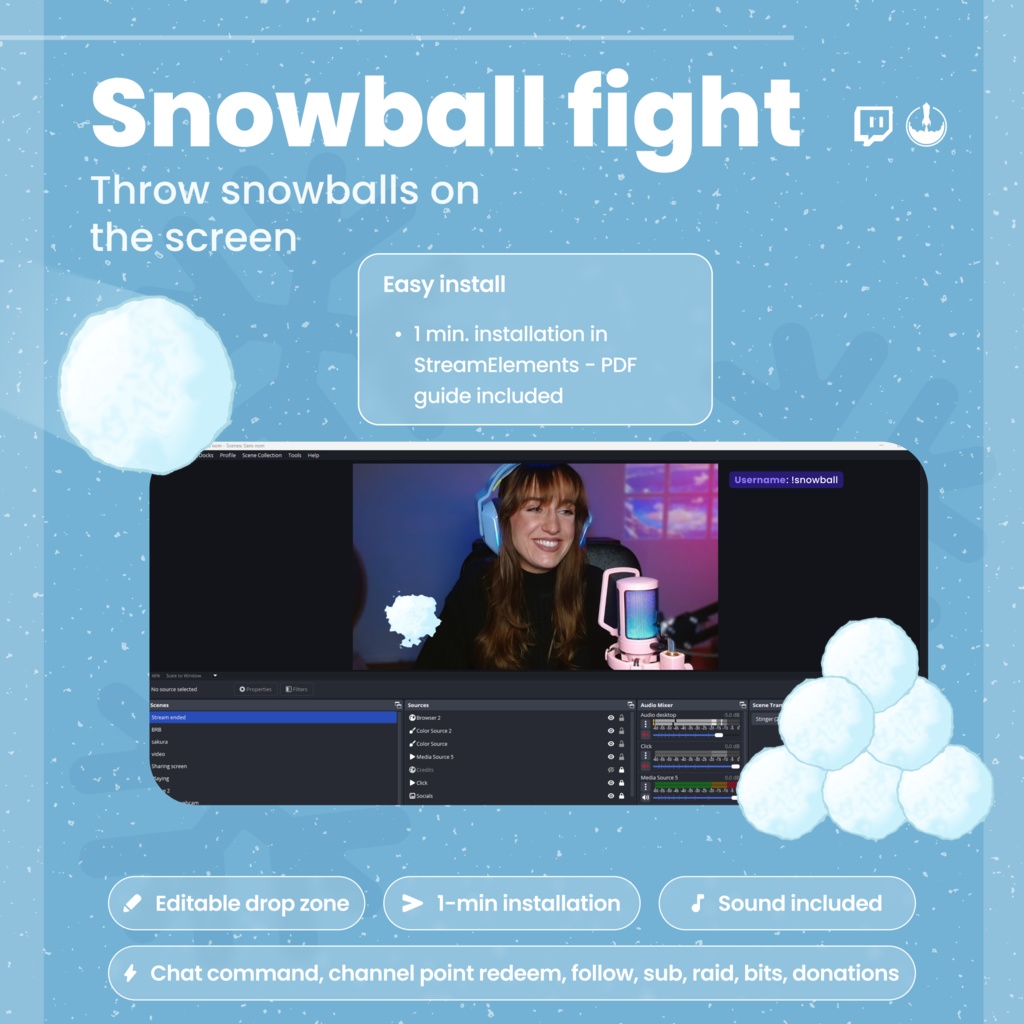 Interactive Snowball Fight Twitch Widget | Christmas Winter Animated Overlay