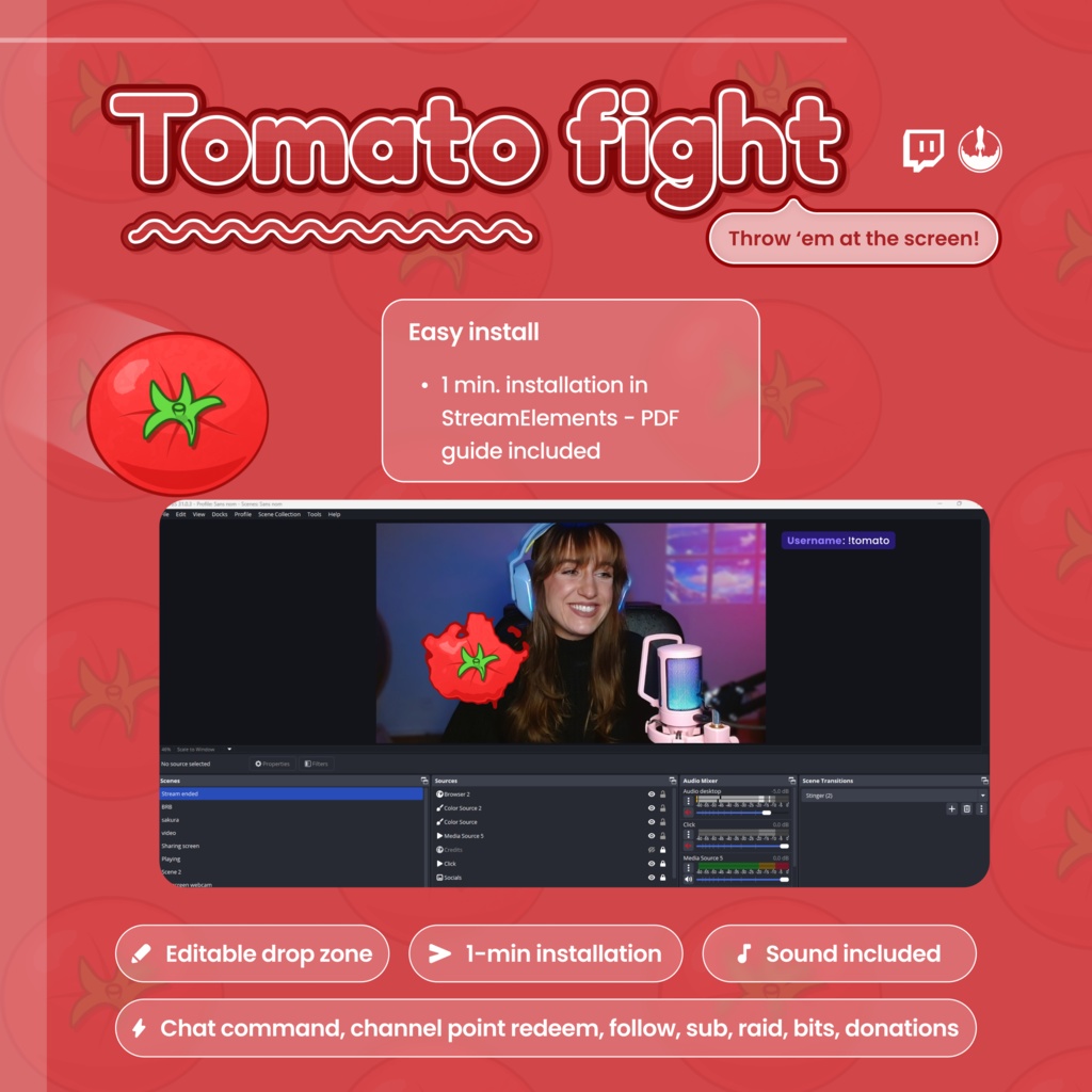 Interactive Twitch Overlay – Tomato Fight Game | Animated Tomato Throw with Sound | Fun Stream Alert