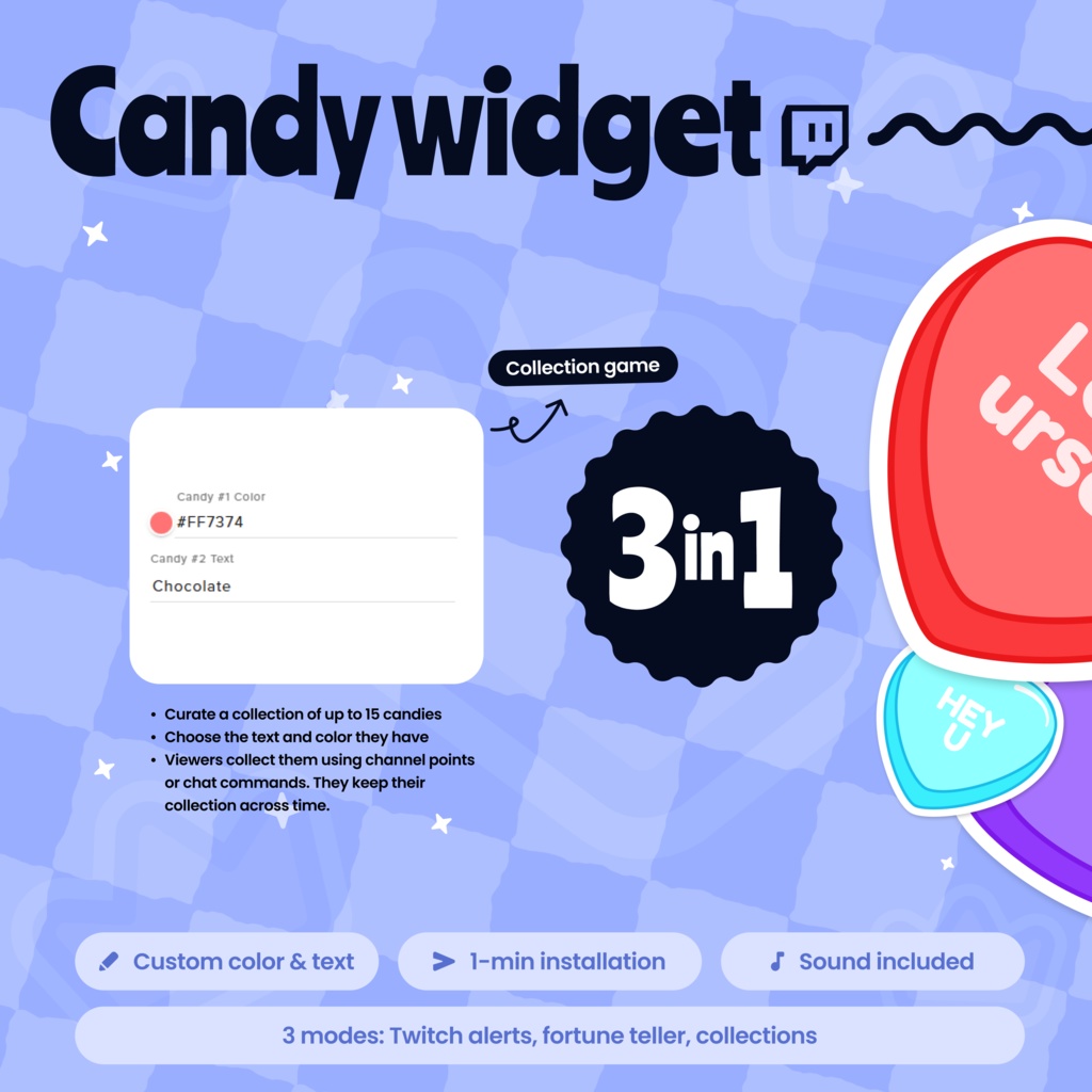 Candy Heart Alert Twitch Widget for StreamElements | Fortune Teller | Collection Game | Customizable Valentine's day