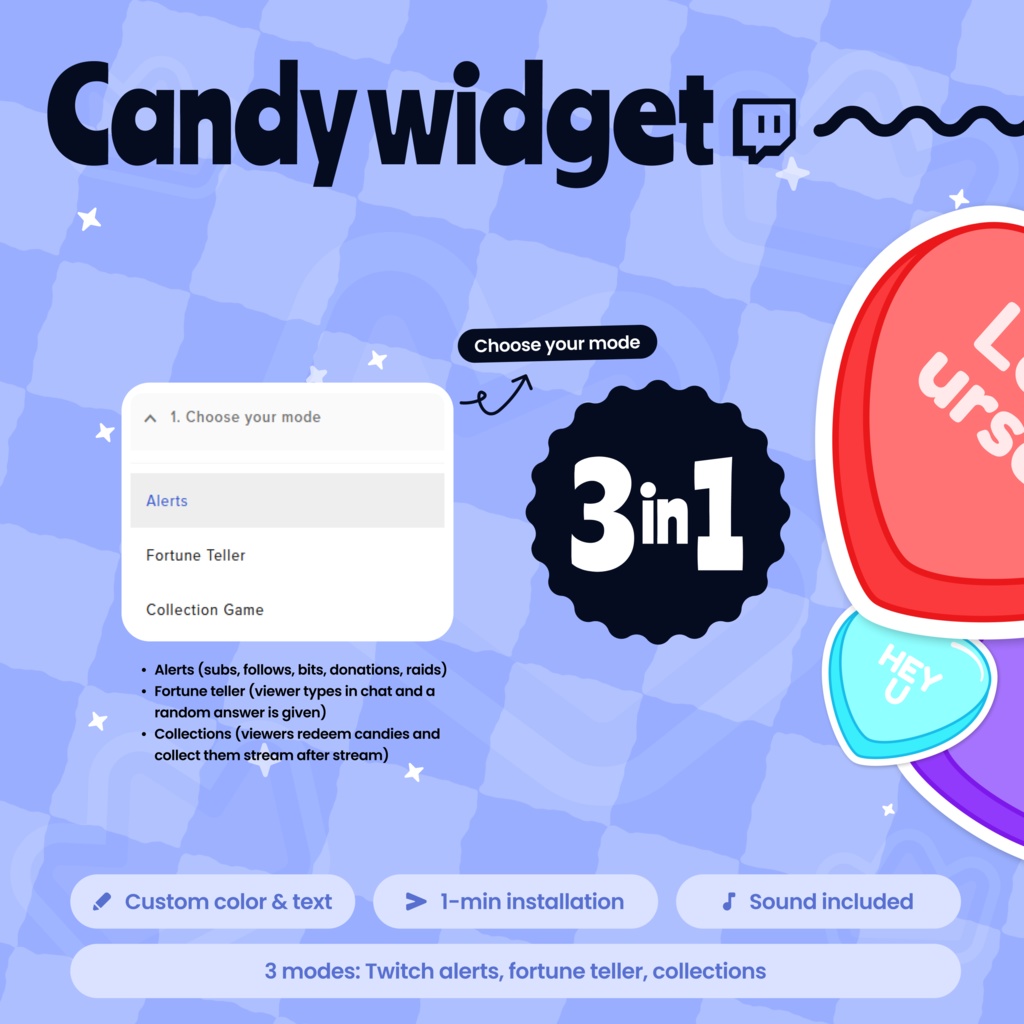 Candy Heart Alert Twitch Widget for StreamElements | Fortune Teller | Collection Game | Customizable Valentine's day