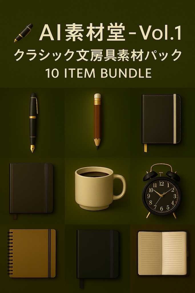Vol.1｜シンプル＆シック文房具素材パック（PNG10点）