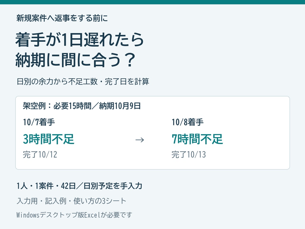 新規案件の受注判断｜着手日・納期から不足工数を確認するExcel