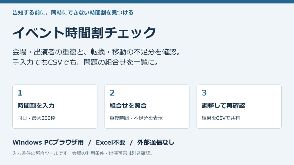 イベント時間割チェック｜会場・出演者の重複と転換時間を確認