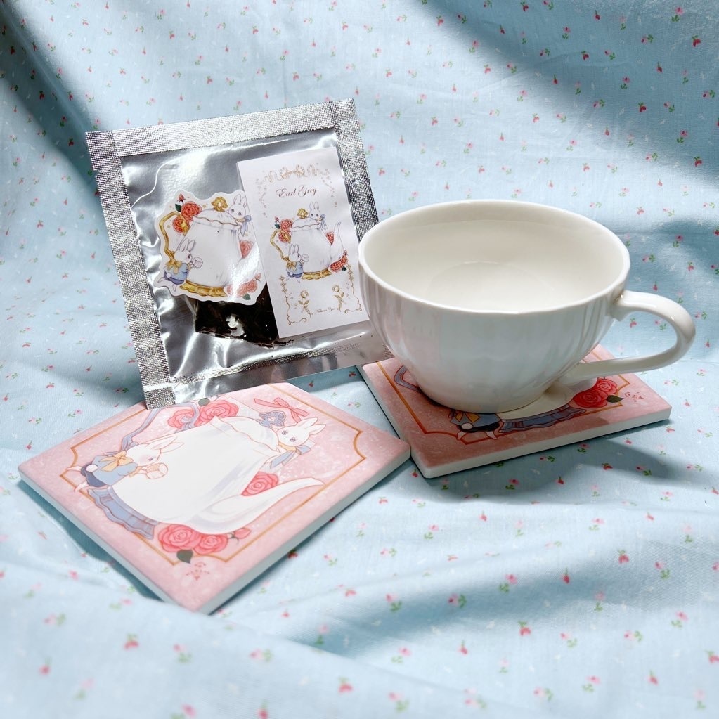 紅茶とうさぎのコースターのセット