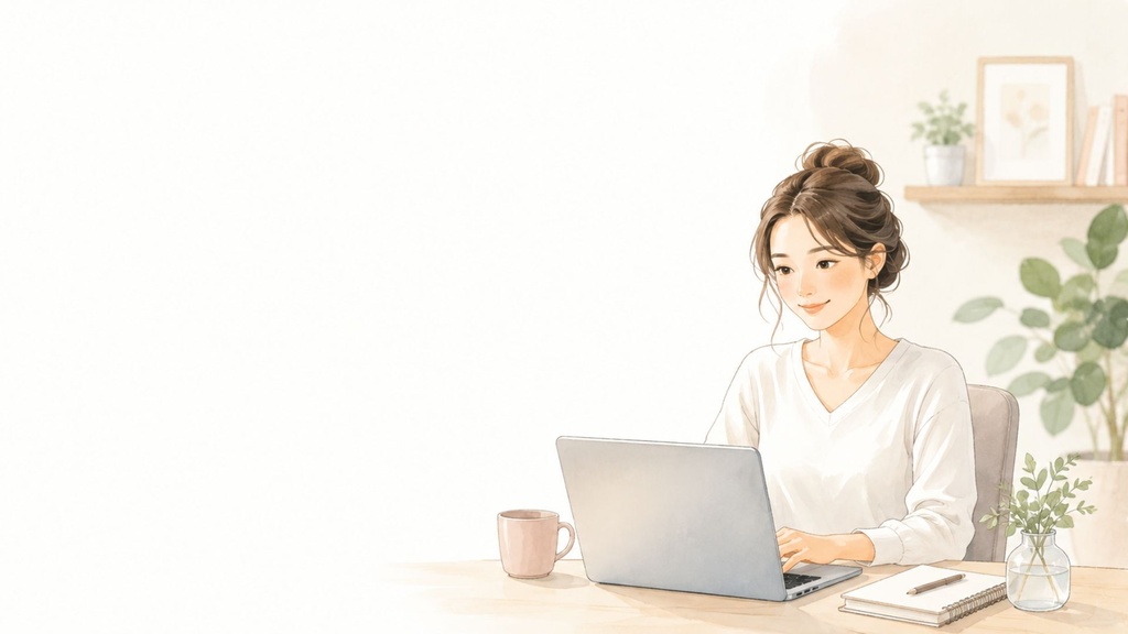 在宅ワーク・副業をする女性|ブログ・note・SNS用イラスト素材