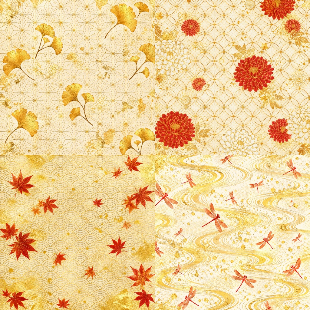 【和柄・秋】デジタルペーパー 10枚セット|紅葉・菊・扇・青海波|Japanese Autumn Patterns