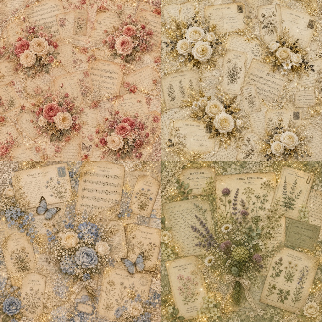 【ヴィンテージボタニカル】デジタルペーパー 8枚セット|アンティーク 花・薔薇・ラベンダー|Vintage Botanical