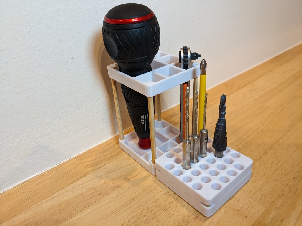 【ツールスタンド】ドリルビットモジュール(60mm×60mmセル用/ビット32本/上下パーツ)【STL、STEP】