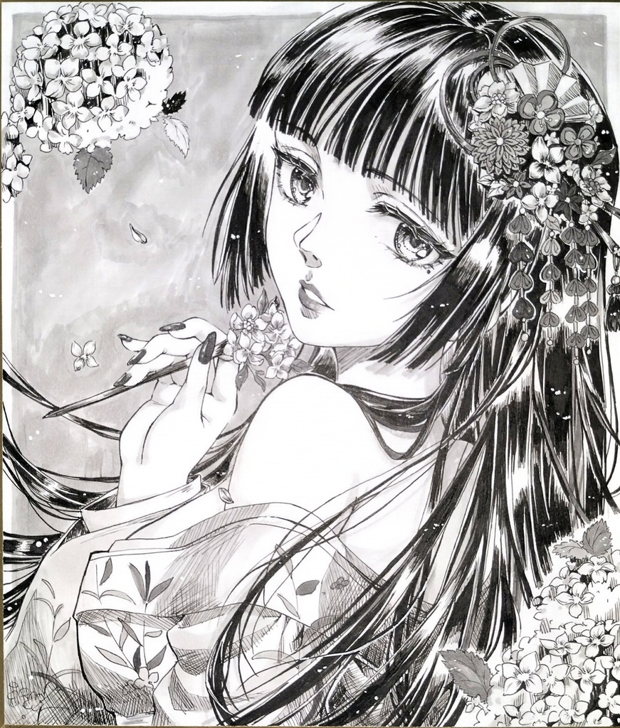 手描きイラスト　オリジナル　花魁　あじさい　中色紙　アナログ